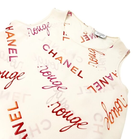 CHANEL Vintage CC Mark Logo Rouge Tank Top Cream Pink Orange Silk [105089] - Picture 5 of 11